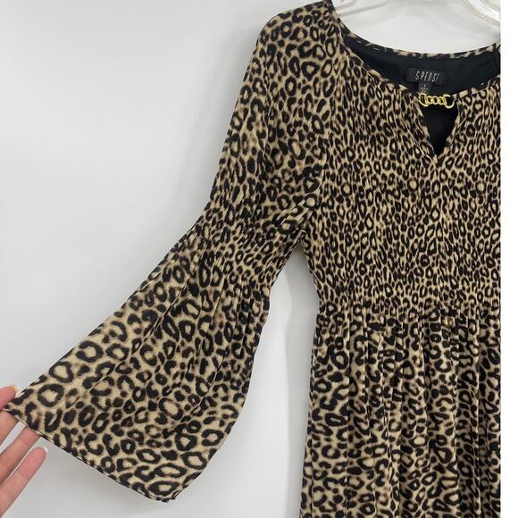 Spense Leopard Dress Sz 4 Y2K Flare Sleeve Glam party Clubwear Smocked Statement - Picture 3 of 10